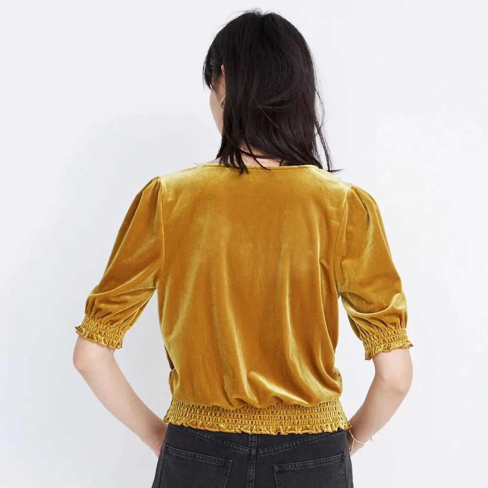 New Madewell Velvet Smocked Crossover Golden  Boho Blouse Top Mustard Gold